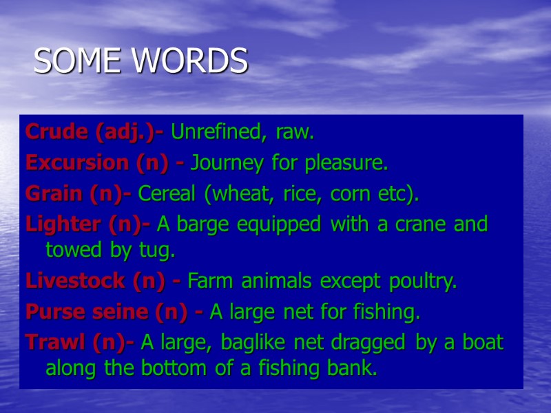 SOME WORDS Crude (adj.)- Unrefined, raw. Excursion (n) - Journey for pleasure. Grain (n)- SOME WORDS Crude (adj.)- Unrefined, raw. Excursion (n) - Journey for pleasure. Grain (n)-